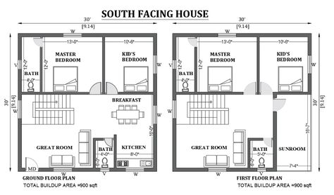 30'x30' south facing house design as per Vastu shastra is given in this FREE 2D Autocad drawing file. The total built-up area of the plan is 900sqft. download this 2D Autocad drawing file. South Facing Duplex House Plans, 900 Sqft House Plan, South Facing House Plans Vastu, South Facing House Plan, North Facing House Plan, East Facing House Plan, 2d Autocad Drawing, Flat House Design, Residential Building Plan