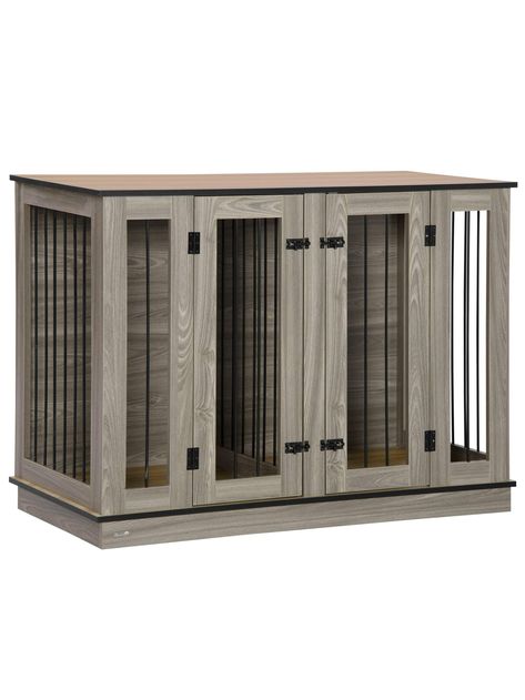 PawHut Large Furniture Style Dog Crate with Removable Panel, End Table with Two Rooms Design and Two Front Doors, Dark Walnut, 47.25" x 23.5" x 34.75"I discovered amazing products on SHEIN.com, come check them out! Dog Kennel End Table, Dog Crate End Table, Furniture Style Dog Crate, Dog Crate Table, Indoor Dog Kennel, Small Sized Dogs, Crate End Tables, Wooden Dog Kennels, Wooden Dog Crate