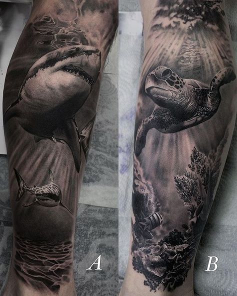 Black And Grey Underwater Tattoo, Jungle Theme Tattoo Sleeve For Women, Deep Sea Tattoo Ideas, Jellyfish Tattoo Arm, Underwater Tattoo Sleeve, Water Themed Tattoos, Lower Leg Tattoos For Men, Underwater Sleeve, Zee Tattoo