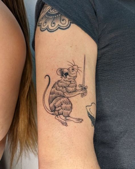 The Tale Of Despereaux Tattoo, Tale Of Despereaux Tattoo, Rat Tattoo American Traditional, Reepicheep Tattoo, Redwall Tattoos, Despereaux Tattoo, Animals With Knives Tattoos, Gerbil Tattoo, Standing Bear Tattoo