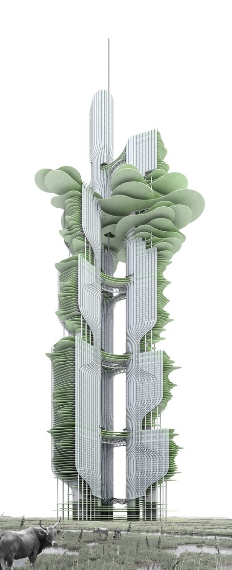 Tower Cluster (South Sudan, Africa). Vertical urbanism as stabilization of natural water cycle. Verticality Architecture, Megastructures Architecture, Tower Design Architecture, Cluster Architecture, Parametric Tower, Evolo Skyscraper, Vertical Architecture, Africa Architecture, Green Building Architecture