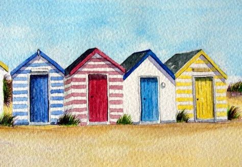 Beach Hut Painting, Ceramic Beach Huts, Beach Illustration Drawing, Beach Huts Art, Watercolor Beach, Seaside Art, Beach Illustration, Watercolour Inspiration, Beach Huts