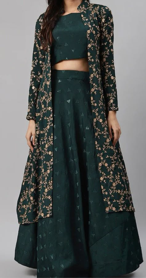 Crop Top Skirt Indian, Top And Skirt Indian, Frock With Jacket, Lehenga For Party, Jacket Style Lehenga, Long Skirt Top Designs, Haldi Outfits, Function Dresses, Long Frock Designs