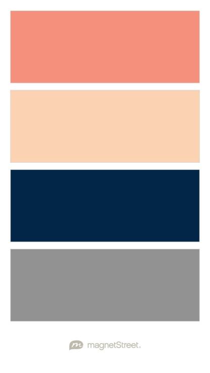 Maybe Coral and not peach Coral, Peach, Navy, and Classic Gray Coral Color Schemes, Coral Colour Palette, Calendar Magnets, Custom Refrigerator, Best Color Schemes, Gold Wedding Colors, Wedding Color Trends, Grey Color Scheme, Wedding Colors Blue