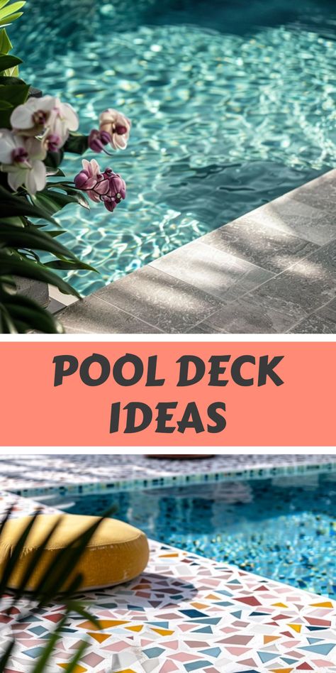 This Pinterest pin showcases pool deck tile ideas for your home. The pin emphasizes transforming outdoor spaces into beautiful backyard escapes, and suggests affordable options for modernizing your pool area with stylish tile designs. The pin uses zero images from provided alts. Deck Tile Ideas, Easy Pool Deck, Pool Deck Tile, Front Yard Curb Appeal, Front Yards Curb Appeal, Deck Tile, Pool Decks, Dream Backyard, Pool Deck