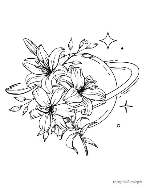 Saturn Floral Tattoo, Planets And Flowers Tattoo, Planet Flower Tattoo, Saturn Flower Tattoo, Flower And Space Tattoo, Star Tattoo Drawing, Flower Tattoo Stencil, Astronomy Tattoo, Space Tattoos