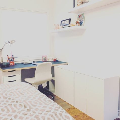 Ikea desk hack using eket series as one leg and extended along the wall for closed storageEket is the same height as the Alex. Eket Desk, Ikea Alex Desk Hack, Alex Desk Hack, Eket Ikea, Diy Desk Ideas, Ikea Alex Desk, Alex Desk, Contemporary Remodel, Desk Ikea