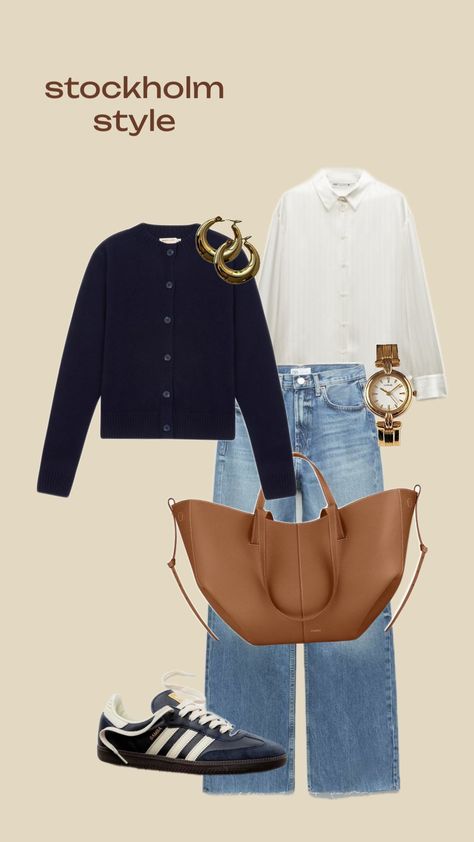 #stockholmstyle #cozy #sambas #bluesambas #polene #gold #goldjewelry #blue #navyblue #brownbag #goldwatch #jeans #bluejeans #chic #basic Navy Blue Spezials Outfit, Blue And Camel Outfit, Navy Samba Outfit, Navy Blue Sambas Outfit, Blue Sambas Outfit, Blue Sambas, Navy Blue Outfit, Camel Outfit, Samba Outfit