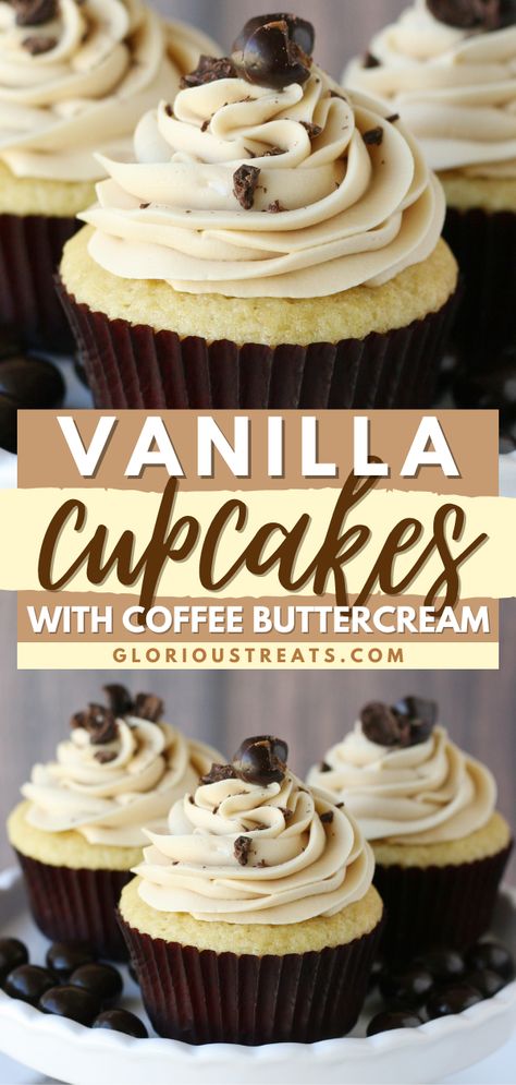 Vanilla Cupcakes with Coffee Buttercream, Valentine's dessert ideas, Valentine treats Amazing Cupcake Flavors, Unique Cupcake Flavors, Flavorful Cupcakes, Gourmet Cupcake Recipes, Homesteading Recipes, Coffee Icing, Sunshine Committee, Chocolate Covered Espresso Beans, Mothers Day Desserts