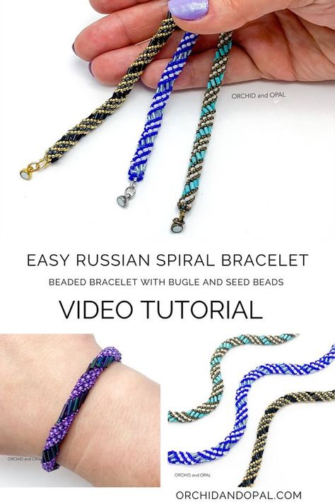 In this DIY bracelet tutorial, I'll show you how to make an easy bracelet with the Russian Spiral Bead Weaving Stitch. We will make this DIY beaded bracelet using bugle beads and seed beads. The ends are finished with wire guards, then the jump rings and the clasp are attached. Russian Spiral stitch is a variation of beaded rope netting, and the same technique can be used with all sorts of bead shapes and sizes. These unique bracelets would make great DIY gifts! Stitch Beaded Bracelet, Diy Seed Bead Bracelet Ideas, Rope Bracelets Tutorial, Boho Bracelets Tutorial, Seed Bead Bracelets Diy, Seed Bead Tutorials, Bead Size Chart, Bead Woven Bracelet, Beaded Necklace Tutorial