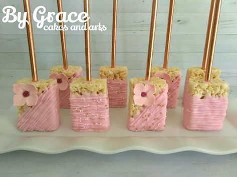 Pink/rose gold wedding rice crispies treats | Pink treats, Rose gold cake,  Rose gold party Wedding Rice Crispy Treats, Rose Gold Birthday Treats, Rose Gold Rice Krispie Treats, Rose Gold Treats, Pink Rice Crispy Treats, Pink And Gold Rice Crispy Treats, Pink And Gold Snack Table, Rose Gold Chocolate Covered Pretzels, Pink And Gold Pretzel Rods