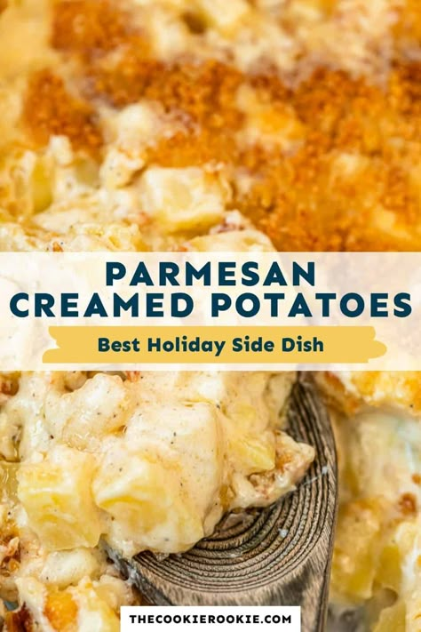 Rich, creamy and so easy to make, these baked parmesan creamed potatoes are a delicious side perfect for Thanksgiving and Christmas. This potato casserole has a crispy panko topping and is wonderfully cheesy. Cream Potatoes Recipe, Casseroles Easy, Savory Sides, Mashed Potato Casserole, The Cookie Rookie, Cookie Rookie, Creamed Potatoes, Potato Recipes Side Dishes, Potatoe Casserole Recipes