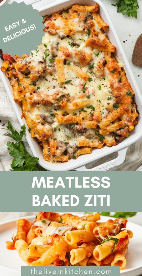 Meatless baked ziti is a comforting pasta recipe the whole family will love! Made with mushrooms instead of meat, it has plenty of cheese and texture and is large enough to satisfy a crowd. Meatless Baked Ziti, Meatless Pasta Recipes, Baked Ziti With Ricotta, Meatless Pasta, Mushrooms And Spinach, Vegetarian Bake, Fast Dinner Recipes, Red Bell Peppers, Baked Ziti