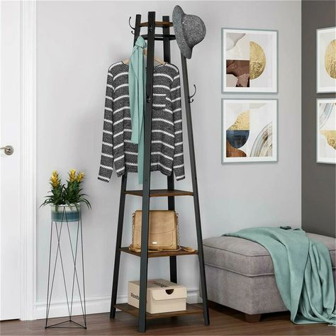 Latitude Run® Coat Rack 16.9291'' Wide 8 - Hook Freestanding Coat Rack with Storage in Brown & Reviews | Wayfair Industrial Coat Rack, Hallway Shelf, Free Standing Coat Rack, Entryway Hall Tree, Coat Rack With Storage, Vintage Coat Rack, Shelf Furniture, Standing Coat Rack, Coat Stand