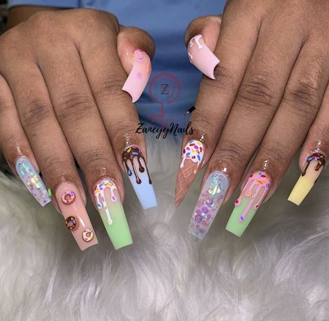 Sweet One Nails, Sprinkle Nails Acrylic, Candy Land Nails Acrylic, Dessert Nails Designs, Candy Themed Nails, Candy Land Nails, Arty Nails, Sprinkle Nails, Ice Cream Nails