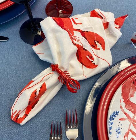 Lobster Food, Small Jam Jars, Dinner Tablescape, Whispers Of The Heart, Red Lobsters, Vintage Napkin Rings, Summer Tablescapes, Gingham Tablecloth, Blue Tablecloth