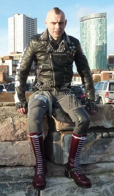 Punk Leather Jacket, Skinhead Boots, Queer Punk, Cowboy Chaps, Rocker Boots, Mohawk Hairstyles Men, Leather Jacket Outfit Men, Leather Fashion Men, Punk Boy