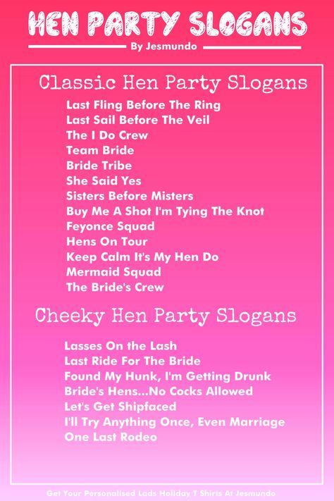 Hen Party Slogans - Funny Phrases For Your Hen Night #henparty #hendo #henpartysurvivalkit #hennight Hen Do Quotes, Hen Tshirt Ideas, Hen Party Quotes, Hen Night Party Theme, Hen Do Ideas Outfits, Bachelorette Slogans, Hen Do Themes Outfits, Hen Party Outfit Ideas, Party With Friends Quotes