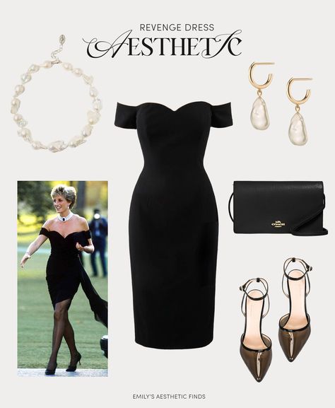 Princess Diana revenge dress aesthetic. Shop the look on LTK here: https://liketk.it/4i2bP princess diana aesthetic, revenge dress, little black dress, lbd, princess diana style, freshwater pearl necklace, pearl drop earrings, off the shoulder dress, sweetheart neckline, bodycon dress, sheer heels, black heels, black clutch, coach clutch, wedding guest outfit, little black dress outfit inspo #ad #fashioninspo #weddingguestoutfit #princessdianastyle #lbd Princess Diana Revenge Dress Aesthetic, Black Prom Dress With Pearl Necklace, Revenge Dresses Outfits, Black Dress Pearl Necklace Outfit, Princess Diana Black Dress, Black Dress Pearl Necklace, Diana Black Dress, Black Dress Jewelry Ideas, Black Dress With Pearls Necklace