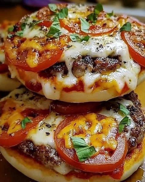 Old School Pizza Burgers Ingredients: - 1 lb ground beef - 1/2 cup pizza sauce - 1/2 cup grated mozzarella cheese - 1/4 cup grated Parmesan cheese - 1 teaspoon dried oregano - 1/2 teaspoon garlic powder - 1/4 teaspoon onion powder - 4 hamburger buns - Optional toppings: sliced pepperoni, sliced mushrooms, chopped bell peppers, or any favorite pizza toppings Instructions: 1. Preheat your grill or skillet over medium-high heat. 2. In a large bowl, mix the ground beef with pizza sauce, mozza... Old School Pizza, School Pizza, Gourmet Food Plating, Pizza Burgers, Healthy Food Dishes, Fast Easy Meals, Hamburger Buns, Sliced Mushrooms, Fun Baking Recipes