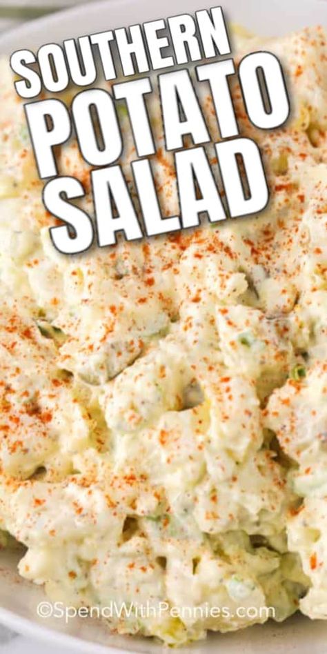 This southern style potato salad is made with potatoes, eggs, mayo & mustard mixed with sugar, vinegar, and spices. The whole family will love this creamy, comforting dish! #spendwithpennies #southernpotatosalad #sidedish #withegg #potatosalad American Potato Salad, Southern Style Potato Salad, Southern Potato Salad, Potato Salad Recipe Easy, Recipe Potato, Bbq Side, Potato Salad Recipe, Dill Pickles, Comfort Dishes