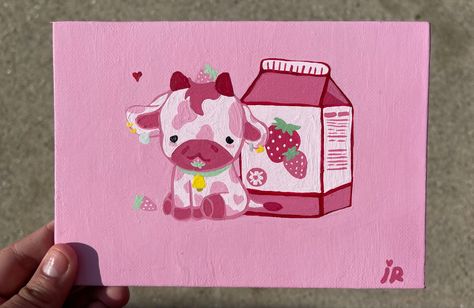 Inspired by a pin I saw :) UPDATE SELLING SOME WORK ON MERCARI LINK IN PROFILE #painting #strawberry #cow #aesthetic #tiktok #inspiration #dessert #pink #paint #brushes #strawberries #cowgirl #milk #canvas #pinky #cutepets #art #inspiration Strawberry Cow Painting Canvas, Pink Cow Painting, Strawberry Cow Painting, Easy Cow Painting, Kawaii Paintings On Canvas, Strawberry Cow, Cute Pink Paintings, Pink Painting Ideas, Pink Painting Ideas On Canvas