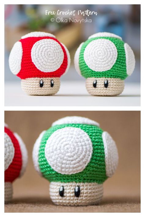 Crochet Mario 1Up Mushroom Amigurumi Free Patterns Mario Mushroom Amigurumi Free Pattern, Crochet Mushroom Mario, Mario Mushroom Amigurumi, Super Mario Mushroom Crochet Pattern, Crochet Mario Mushroom Free Pattern, Super Mario Bros Crochet Patterns, Crochet Mario Toad Pattern Free, Mario Free Crochet Patterns, Crochet Super Mario Amigurumi