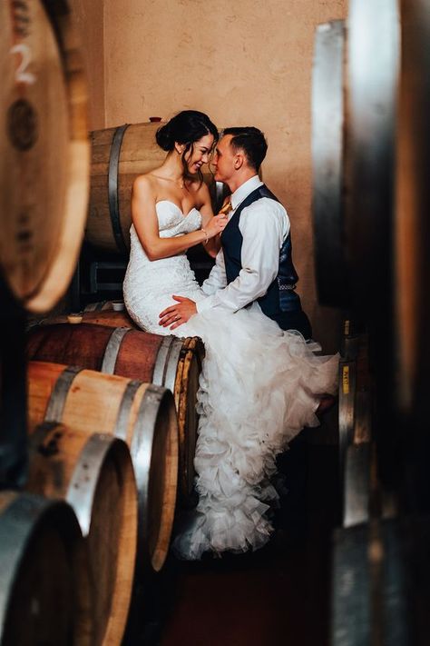 Brewery Photography, Vineyard Photoshoot, Distillery Wedding, Wedding Vineyard, Winery Wedding Photos, Barrel Room, Brewery Wedding, Wedding Portrait Poses, Wedding Couple Photos