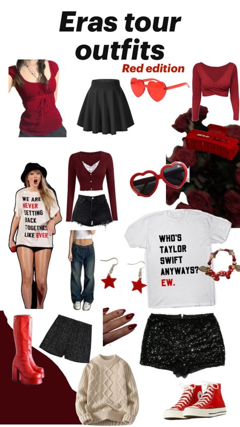 Eras tour red outfit ideas!! Hope you like lol : D All Too Well Eras Tour Outfit, Outfit Ideas For The Eras Tour, Red Era Outfit Ideas, Eras Tour Outfits Red Era, Red Outfit Eras Tour, Taylor Swift Concert Outfit Ideas Red, Taylor Swift Red Outfit Ideas, Red Eras Tour Outfit Ideas, Taylor Swift Eras Tour Outfits Red