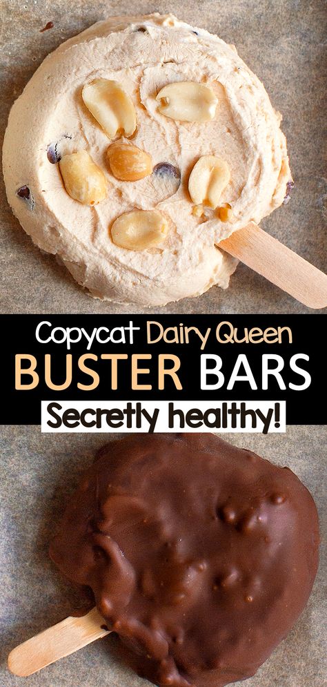 Dairy Queen Copycat Healthy Chocolate Peanut Butter Buster Bars Healthy Buster Bar, Peanut Butter Yogurt Ice Cream, Health Snicker Bar, Homemade Frozen Desserts, Pb2 Desserts Healthy, Buster Bar Dessert Homemade, Buster Bars Homemade, Peanut Butter And Yogurt Frozen, Chocolate Ice Cream Popsicles