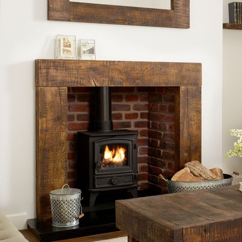 OAK FIRE SURROUND (grosvenor) SOLID FRENCH RUSTIC BEAM Oak Beam Fireplace, Oak Fire Surround, Rustic Fireplace Decor, Wood Fireplace Surrounds, Wood Burner Fireplace, Beam Fireplace, Wood Burning Stoves Living Room, Rustic Mantle, Log Burner Living Room