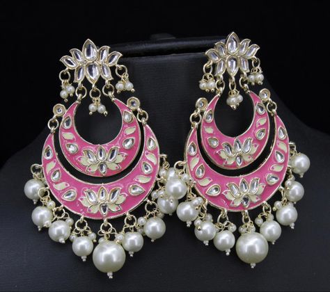 Pink Chandbali Earrings, Dark Pink Jewellery, Pink Earrings Indian, Dark Pink Earrings, Pink Jewellery, Light Jewelry, Fancy Jewellery Designs, Jewellery Indian, Traditional Jewellery