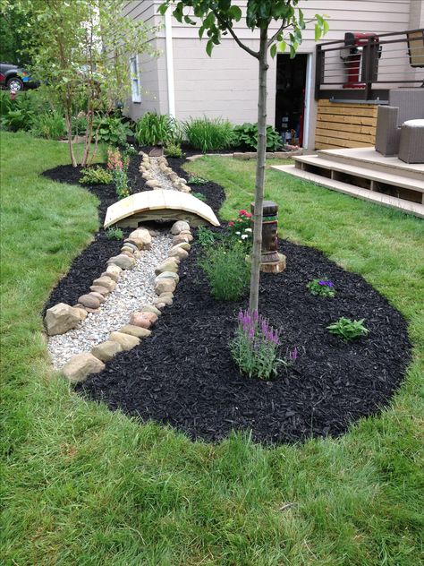 Dry creek bed with little bridge. Dry Creek Bed With Bridge, Diy Bridge Over Creek, Garden Bridge Ideas, Dry Stream, Dry River, Creek Bed, Rock Garden Landscaping, Dry Creek, Beautiful Flowers Garden