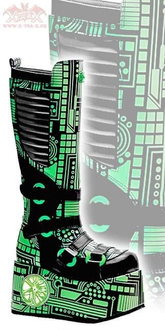 Demonia Techno 856UV Electrostatic Cyber Goth Platform Strapped Boots, made in 2010s aesthetics. Made by Demonia by Pleaser USA since 1999. Dark Cyberpunk, Goth Platforms, Demonia Boots, Shoe Advertising, Cyberpunk Design, Outfit References, Goth Shoes, Goth Boots, Boot Straps