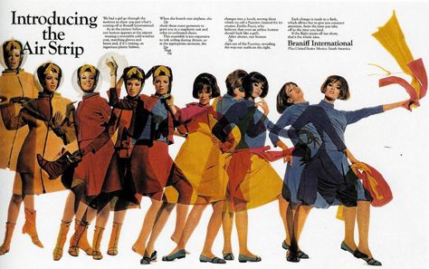 The 1960s Pucci Air Hostess Uniforms, ideal for Mile High “Stripping” Mary Wells, Air Hostess Uniform, Airlines Branding, Flight Attendant Uniform, Flight Attendant Fashion, Massimo Vignelli, Milton Glaser, Vintage Airline, International Airlines