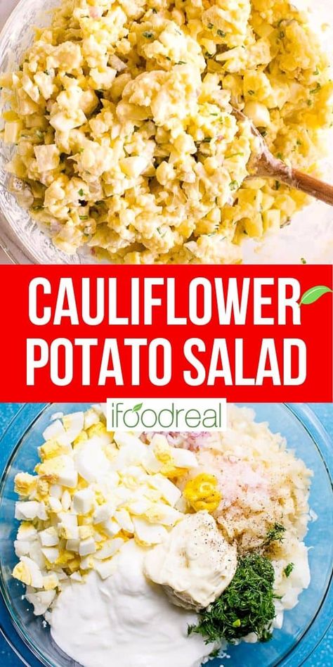 This Cauliflower Potato Salad is a flavor loaded low carb 'mock potato' salad with all the traditional taste of the real deal! It is a healthy summertime must have for pool parties, picnic, BBQs and anytime there is a heatwave. Cauliflower Potato Salad, Cauliflower Potatoes Salad, Low Carb Salad, Healthy Casseroles, Healthy Instant Pot Recipes, Low Carb Dinner Recipes, Potluck Recipes, Healthy Family, Healthy Salad