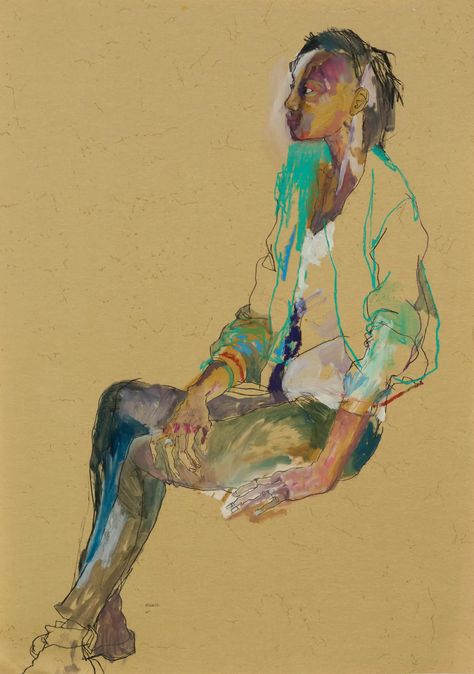 For Sale on 1stDibs - Anji (Sitting, Profile - Green Jacket), Mixed media on ochre paper, Other Medium, Paint, Paper, Parchment Paper, Charcoal, Crayon, Oil Crayon, Oil Pastel, Wax Crayon, Ink, Mixed Media, Oil Paint, Acrylic Paint, Watercolor, Gouache, Archival Paper, Handmade Paper, Vellum, Pencil, Carbon Pencil, Color Pencil, Graphite by Howard Tangye. Offered by Howard Tangye Studio. Wax Crayon Art, Crayon Painting, Mixed Media Portrait, Pastel Crayons, Crayon Drawings, Watercolor Mixing, Human Figure Drawing, Oil Pastel Paintings, Paint Watercolor