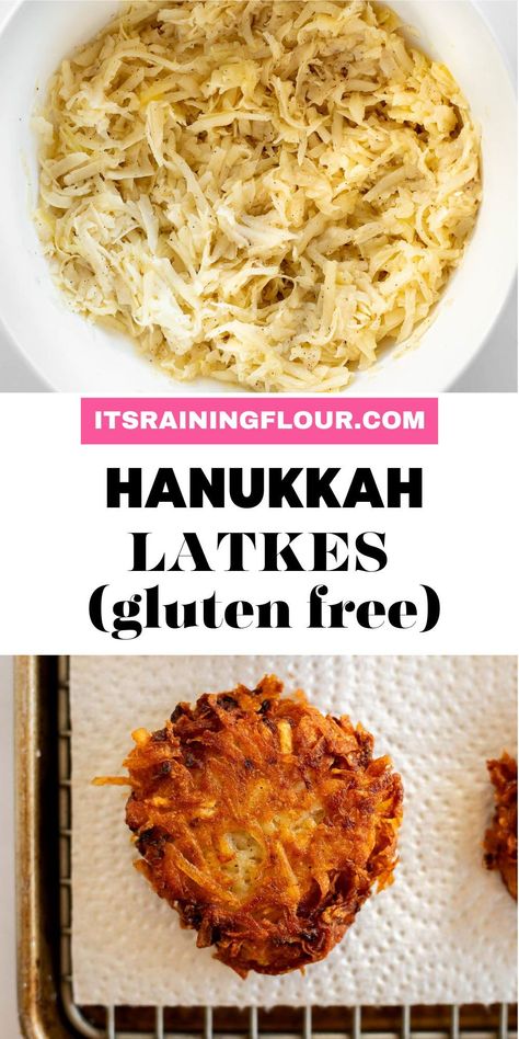 These 5-ingredients classic Gluten Free Latkes (potato pancakes) are the perfect 30-minute easy Hanukkah latke recipe, paired perfectly with sour cream and applesauce! Latkes Recipe, Gluten Free Latkes, Gluten Free Desserts Holiday, Gluten Free Dairy Free Breakfast, Gluten Free Holiday Cookies, Gluten Free Dairy Free Dinner, Gluten Free Fall Recipes, Dairy Free Breakfast Recipes, Gluten Free Holiday Recipes