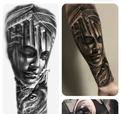 Greek Temple Tattoo, Athena Tattoo, Temple Tattoo, Lion Tattoo Sleeves, Statue Tattoo, Greek Mythology Tattoos, Greek Temple, Mythology Tattoos, Forearm Tattoo Men