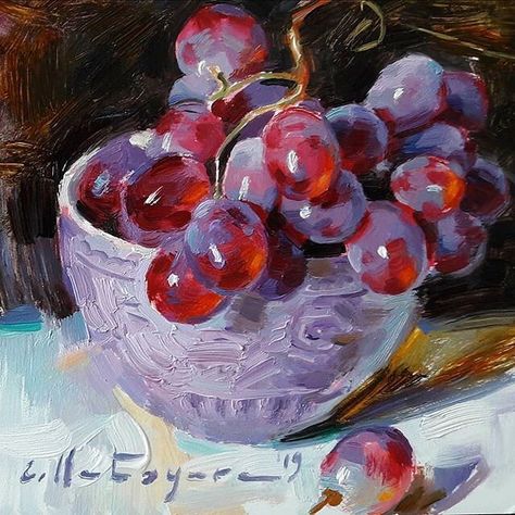 Art by Elena Katsyura 🎨 @elenakatsyura "Grapes in Lilac Bowl" @instagram . Check ou Grape Oil, Grape Painting, Fruits Drawing, Oil Painting Inspiration, Fruit Painting, Impasto Painting, Painting Still Life, Still Life Art, Fruit Art