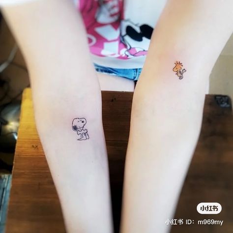 Mini Snoopy Tattoo, Woodstock Tattoo Ideas, Snoopy And Woodstock Tattoo Matching, Snoopy And Woodstock Matching Tattoos, Snoopy Matching Tattoos, Matching Snoopy Tattoos, Loony Toons Tattoo, Snoopy Woodstock Tattoo, Small Snoopy Tattoo