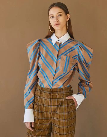 Stripe Shirts, High Class Fashion, Dystopian Fashion, Printed Silk Skirt, Patterned Shirts, Sleeve Model, Power Puff, Contemporary Luxury, Silk Print Dress