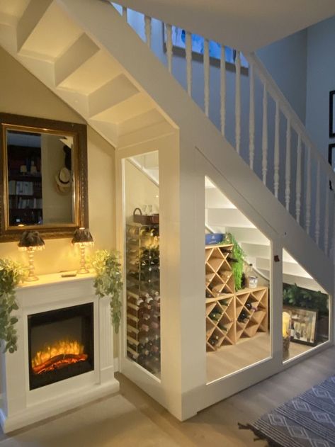 Fireplace Under Stairs, Stair Railing Makeover, Bar Games, Virginia Homes, Stair Storage, Small Room Bedroom, Under Stairs, Stair Railing, Living Room With Fireplace