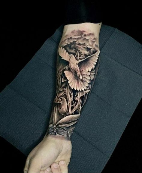 Dove Tattoo Design For Men, Religous Tattoo, Half Sleeve Tattoo Stencils, Dove Tattoos, Heaven Tattoos, Mens Lion Tattoo, Men Tattoos Arm Sleeve, Forarm Tattoos, Cool Arm Tattoos