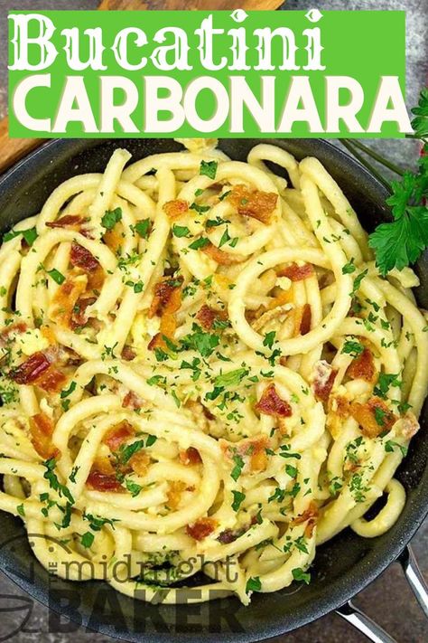 Chicken Bucatini Recipes, Bucatini Pasta With Chicken, Bucatini Pasta Recipes, Bucatini Recipes Simple, Seafood Bucatini Recipes, Carbonara Pasta For One, Carbanerra Pasta, Pasta Bucatini, Carbonara Capellini Cakes