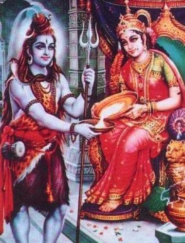 The Hindu Goddess of Cooking, Annapurna. Shiva receiving food from her. Annapurna Devi, Parvati Maa, This Day, Akshaya Tritiya, Durga Picture, Shiva Shankara, Manoj Kumar, Religious Photos, Photos Wall