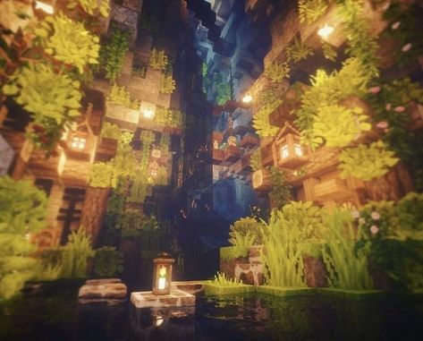 Fairy Ravine Minecraft, Ravine Minecraft Ideas, Minecraft Cave Village Ideas, Minecraft Ravine Build, Ravine Village Minecraft, Underground Village Minecraft, Minecraft Ravine House, Minecraft Fairy Cave, Minecraft Aesthetic Village