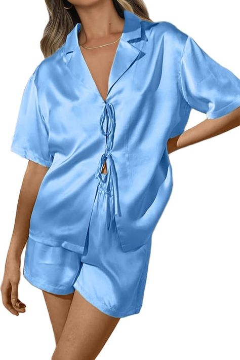 CHYRII Women's Silk Satin Pajamas Sets Tie Front Short Sleeve Tops and Shorts Two Piece Pj Sets Sleepwear Blue XXL at Amazon Women’s Clothing store Satin Short Sleeve, Bridesmaid Pjs, Bridal Pajamas, Tops And Shorts, Bridesmaid Pyjamas, Pajamas Sets, Satin Short, Front Tie Shirt, Satin Pyjama Set