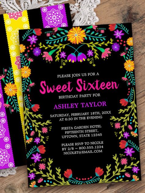 Black Mexican Fiesta Folk Art Floral Sweet Sixteen Invitation
Floral Sweet Sixteen Invitation for your daughter's 16th Birthday celebration! #sweetsixteen #16thbirthday #birthday #happybirthday #birthdaycards #birthdayparty #turningsixteen #mexican #fiesta Fiesta Theme Sweet 16, Fiesta Sweet 16, Sweet 16 Fiesta Theme, Solstice Party, Sweet 16 Party Invitations, Folk Art Floral, 16th Birthday Invitations, Sweet Sixteen Invitations, Fiesta Theme