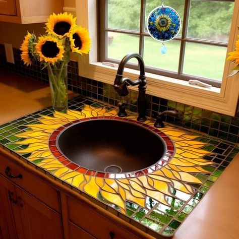 ❀𝓥𝓲𝓷𝓽𝓪𝓰𝓮❀ Mosaic Sink, Sunflower Mosaic, Sunflower Home Decor, Sunflower Kitchen Decor, Glow Jewelry, Sunflower Kitchen, Straw Bale, Small Kitchen Decor, Sunflower Decor